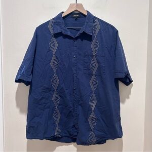 Jogal Short Sleeve Cuban Guayabera Navy Blue w/ Gold Accents Beach Shirt - Large